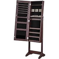 SONGMICS Jewelry Cabinet Armoire, Freestanding Lockable Storage Organizer Unit with 2 Plastic Cosmetic Storage, Full-Length Frameless Mirror, for Necklace Earring, Brown UJJC002K01