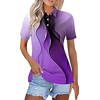 Short Sleeve Spring Flowy Polo for Womens Gym Casual Loose Fit Cotton Tops Woman Comfortable Print V Neck Purple L