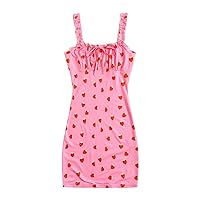 Women's 2023 Summer Dress Frilled Strap Ruched Bust Strawberry Print Bodycon Dresses