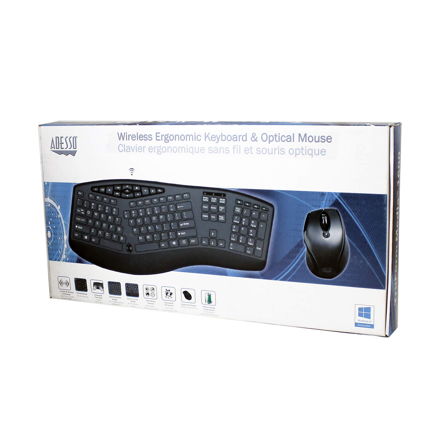 Adesso Truform Media 1600 (WKB-1600CB) 2.4GHz RF Wireless Ergonomic Keyboard and Optical Mouse , Multi-Media Keys and Adjustable DPI Mouse 5 Million Keystrokes Black