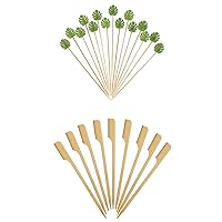 100 Counts 4.7 Inch Monstera Leaf Fancy Toothpicks and 100 Counts 4.7 Inch Bamboo Paddle Skewers for Appetizers Fruit Kabobs Sandwiches Party Finger Food - MSL401