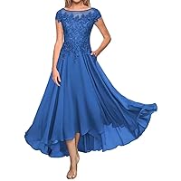Lace Appliques Mother of The Bride Dresses for Wedding Tea Length Chiffon Short Sleeve Formal Evening Gowns with Pockets Lake Blue
