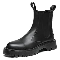 2'' Thick Sole Men's Leather Platform Chelsea Boots Men Fashion Dress Casual Non-Slip Resistant Ankle Boots Fleece Warm for Winter (Color : Black Plush, Size : 6.5)
