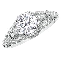 1-6 Carat Round 14K White Gold LAB GROWN Diamond and LAB GROWN Diamond Engagement Ring (1ct Center, AAAA Heirloom Quality)