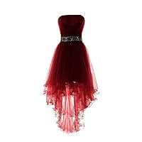Fanciest Women's Strapless Beaded High Low Prom Dresses Short Tulle Homecoming Gowns