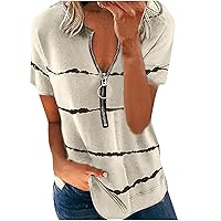 Women's Zipper Front Tshirts Fashion Striped Print Summer Tops Short Sleeve Oversized Tshirt Loose Fit Tunic Blouses Pullover