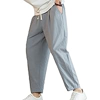Men's Cotton Linen Casual Pants Elastic Waist Drawstring Loose Sweatpants Athletic Workout Joggers Trousers