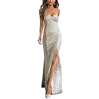 Women's Sparkling Sequin Spaghetti Straps Backless Slit Evening Gown Cocktail Dresses for Women Sexy Prom Dress