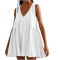 Women Oversized Sleeveless Dress Summer V Neck Pleated Tunic Dress Solid Loose Casual Sundress 2024 Short Tank Dress