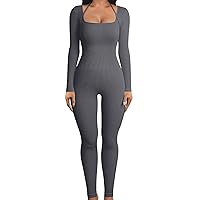 Long Sleeve Jumpsuits for Women Ribbed U Neck Casual Yoga Bodysuits Butt Lifting Tights Sexy Playsuit Shapewear