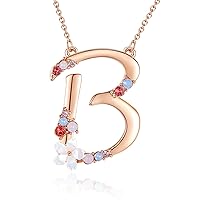 GEMMANCE Flower Initial Necklace Amethyst Pink Ruby Red Opal Blue Simulated Pearl Pendant Name Jewelry Made with Swarovski Crystals Rose Gold Plated Anniversary Birthday Gifts for Women Girl,18