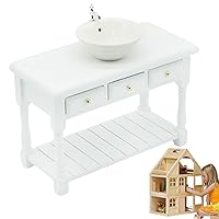 Dolls House Accessories, Dollhouse Furniture 1:12 Round Dollhouse Bathroom Sink with Washing Table Miniature Bathroom Table Sink Model for Dollhouse White