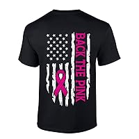 Men's Breast Cancer Awareness Tshirt Distressed Flag Back The Pink Patriotic Short Sleeve T-Shirt Graphic Tee