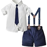 SANGTREE Baby Boys Gentleman Suit Clothes, Dress Shirt with Bowtie + Suspender Shorts