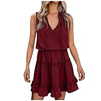 Women's Beach Dress Swing Sleeveless Knee Length Print V-Neck Trendy Glamorous Casual Loose-Fitting Summer Flowy Wine