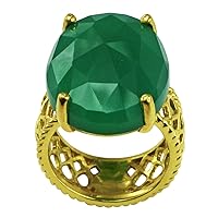 Carillon Green Onyx 24X18MM Natural Non-Treated Gemstone 925 Sterling Silver Ring Anniversary Ring (Yellow Gold Plated) for Women