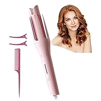Wand Curling Iron, 1.25 Inch Auto Curling Iron, Double Ceramic Anti-Scald and Anti-Tangle Automatic Hair Curler for Long Hair,Pink