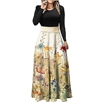 Formal Dress with Sleeves,Women's Solid Round Neck Long Sleeved Patchwork Oversized Long Skirt Winter Formal Dr