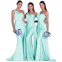 One Shoulder Bridesmaid Dresses for Women Sleeveless Satin Ruched Long Dress for Wedding Formal with Pockets Train