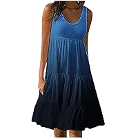 Women's Round Neck Summer Sundresses Casual Sleeveless Tank Dress Gradient Color Printed Tiered Swing Dresses (3X-Large, Dark Blue)