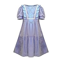 Summer New Puff Sleeve Lace School Home Party Blue Girls Fashion Casual Dress Girls Cat Dress