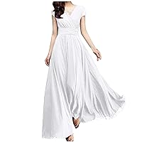 Women's V-Neck Solid Color Short Sleeve Chiffon Waist Closing Evening Dress Dresses Midi (A-White, M)