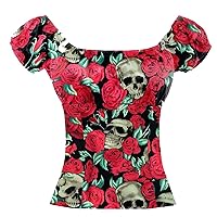 Women Shirt Roses Skull Print Peasant Tops Punk Street Style Lady Top