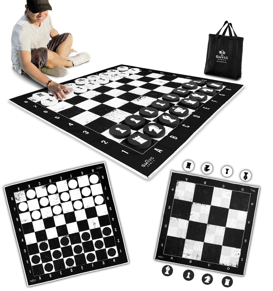 SWOOC Games - 3-in-1 Giant Checkers, Chess, & Chess Tac Toe Game with Mat (4ft x 4ft) - Machine-Washable Canvas & 5
