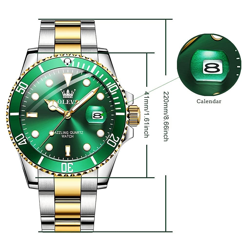 Men’s Watches with Date, Stainless Steel Band, 41mm Unidirectional Rotating Bezel Large Face Case, Quartz Analog Waterproof Luminous Wrist Watch, Two Tone Dress Relojes de Hombre [Green/Black/Blue Dial Watches for Men]