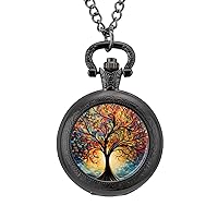 Colorful Rainbow Tree of Life Fashion Quartz Pocket Watch White Dial Arabic Numerals Scale Watch with Chain for Unisex
