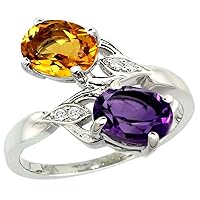 Silver City Jewelry 10K White Gold Diamond Natural Amethyst & Citrine 2-Stone Ring Oval 8x6mm, Sizes 5-10