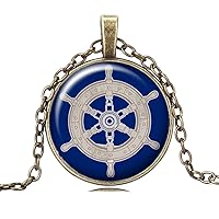 Vintage Rudder Dome Necklace Nautical Style Rudder Pendant with Alloy Chain Necklace