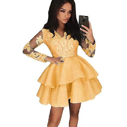 VENNYNG V Neck Lace Applique Short Prom Homecoming Dress 2024 Long Sleeves Knee Length A Line Party Party Gown