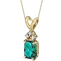 PEORA 14K Yellow Gold Created Emerald with Genuine Diamond Pendant for Women, Elegant Solitaire, Radiant Cut, 7x5mm, 1 Carat total