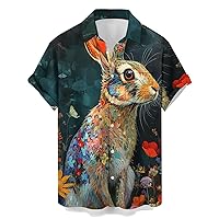 60S Men's Vacation Button-Down Short Sleeve Shirt Rabbit Tropical Polyster Print Work Shirts Casual