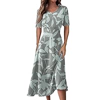 Summer Short Sleeve Dresses for Women 2024 Casual Loose V Neck Midi Dress Elegant Floral Print Flowy Beach Dresses