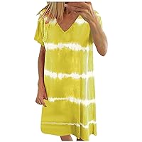 Summer Dresses for Women 2024,Trendy Casual Loose Tunic V Neck Short Sleeve Stripes Print Stretch Lightweight Dress