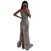 Sequin Mermaid Prom Dresses Long Sparkly Spaghetti Straps Corset Formal Evening Party Gowns with Slit