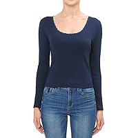 Women's Lace Trimmed Scoop Neck Long Sleeve Top