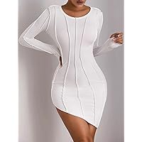 Summer Dresses for Women 2022 Seam Detail Asymmetrical Hem Bodycon Dress Dresses for Women (Color : White, Size : Small)