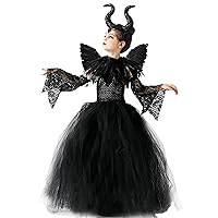Halloween Maleficent Costume for Girls: Evil Queen Dress Up Costumes Witch Devil Handmade Knitted Tulle Dress Cosplay