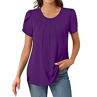 Women's Plus Size Tops Round Neck Short Sleeved Pleated Solid Color Short Top 3/4 Sleeve Tops, S-3XL