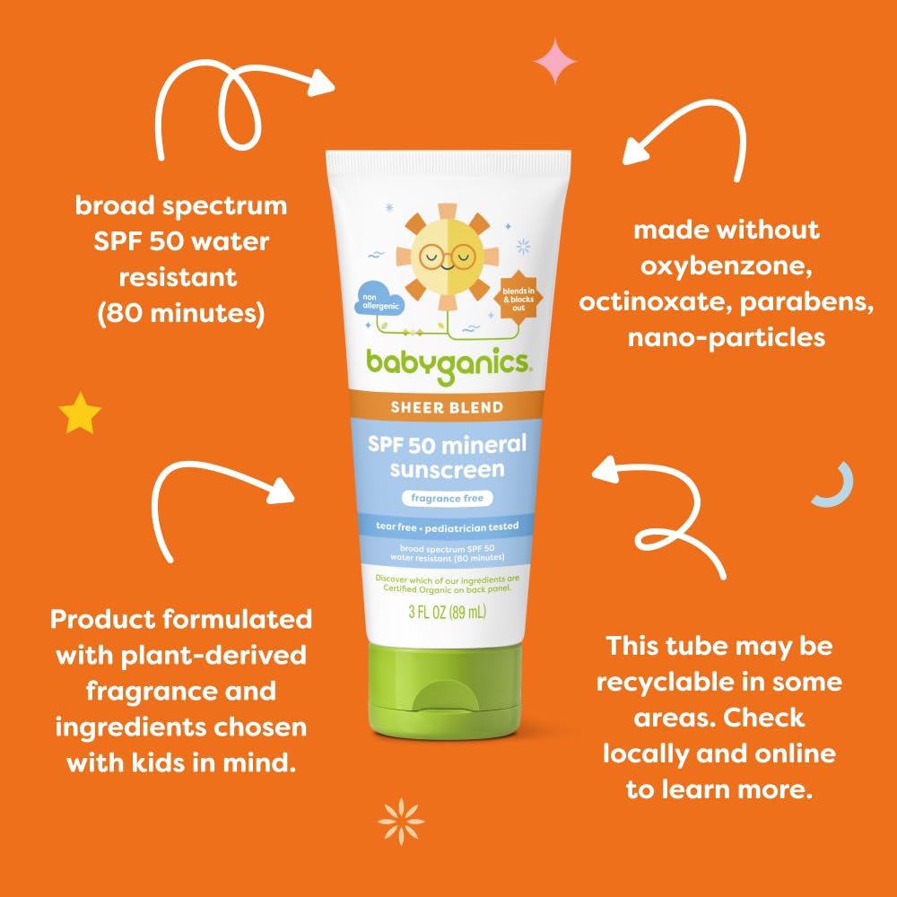 Babyganics SPF 50 Mineral Sunscreen Lotion, Sheer Blend, UVA UVB Protection, Octinoxate & Oxybenzone Free, Water Resistant, Fragrance Free, 3 oz