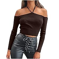 Womens Ribbed Knit Off Shoulder Halter Crop Tops Summer Long Sleeve Backless Sexy Fashion Casual T-Shirts for Party