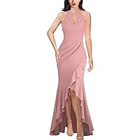 VFSHOW Womens Sexy Halter Neck Formal Cutout Ruffle Slit Ruched Prom Maxi Dress Wedding Guest HI-LO Mermaid Evening Gown