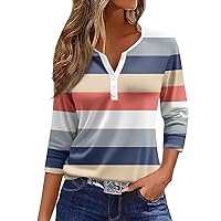Women's Henley Tops,3/4 Length Sleeve Womens Tops Button Henley V Neck Shirts Henley 2024 Summer Blouses Dressy Fashion Print Clothes Quarter Sleeve Tops for Women