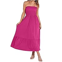 Mid Length Summer Dresses, Womens Solid Color Loose Pleated Women Clothing with Pockets Dress, S, XXL