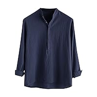 Men Stand Collar Tee Shirt Casual Button Up Long Sleeve T-Shirt Lightweight Linen Tops Plain Athletic Fit Shirts