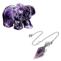 Top Plaza Bundle – 2 Items: 2 Inches Amethyst Crystals Elephant Figurines Decor & 6 Facet Hexagonal Point Pendant Pendulum for Reiki Wicca Dowsing