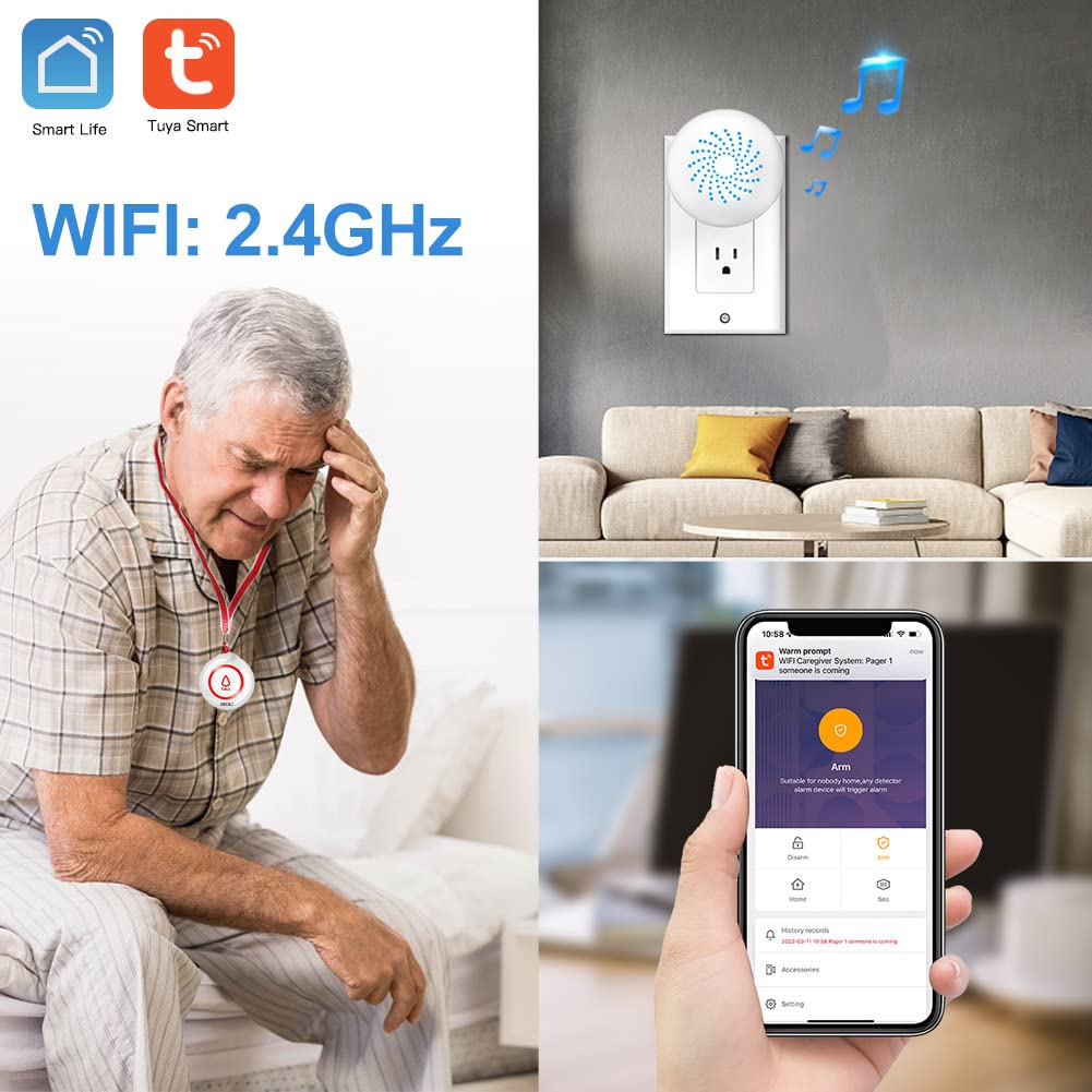 SINGCALL Tuya WiFi Smart SOS Emergency Wireless Caregiver Pager Calling System Home Caring for Old People Patients Children 2 Transmitters 1 Plugin Receiver (only Supports 2.4GHz Wi-Fi)